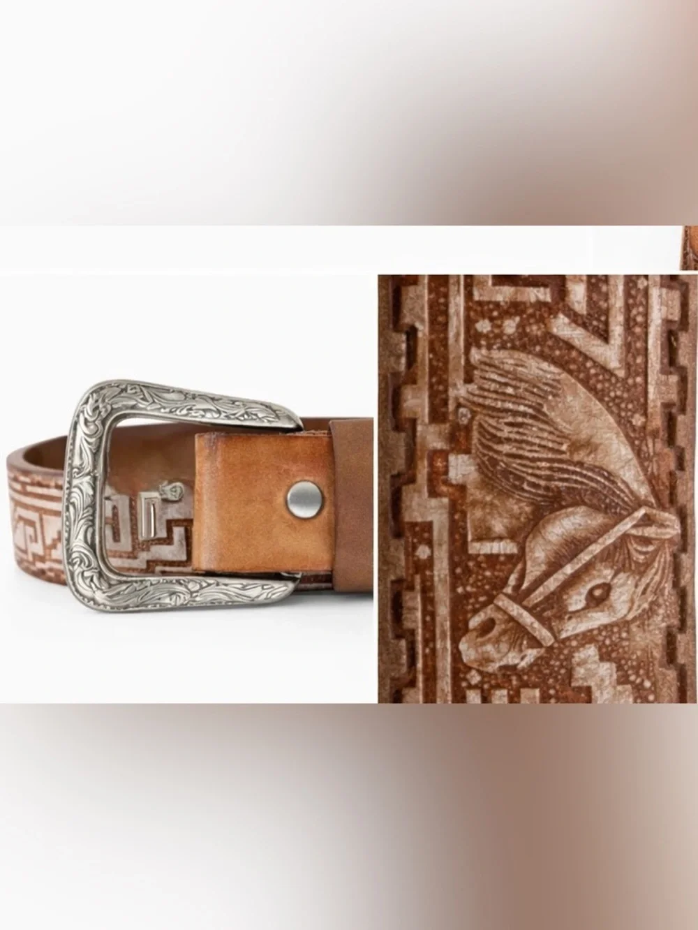 Vintage Western Leather Belt Cinto Piteado Horse Aztec Genuine Cowhide Mexico 44